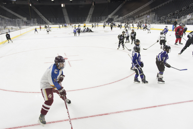 Members of the Storm Youth Hockey organization skate on the newly installed ice at T-Mobile Arena in Las Vegas Wednesday, Aug. 3, 2016. Jason Ogulnik/Las Vegas Review-Journal