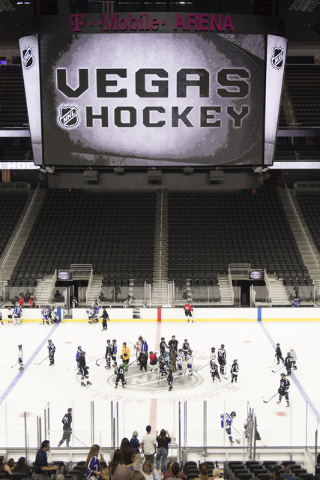 Members of the Storm Youth Hockey organization skate on the newly installed ice at T-Mobile Arena in Las Vegas Wednesday, Aug. 3, 2016. Jason Ogulnik/Las Vegas Review-Journal