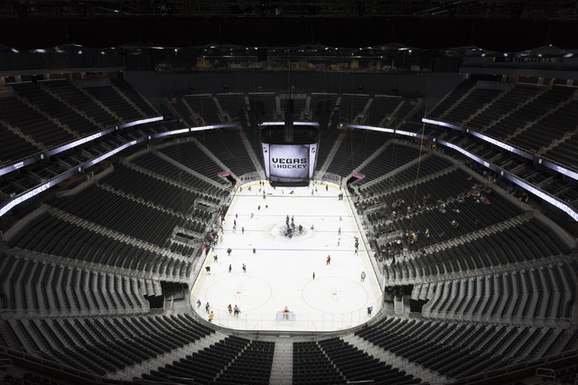 Members of the Storm Youth Hockey organization skate on the newly installed ice at T-Mobile Arena in Las Vegas Wednesday, Aug. 3, 2016. Jason Ogulnik/Las Vegas Review-Journal