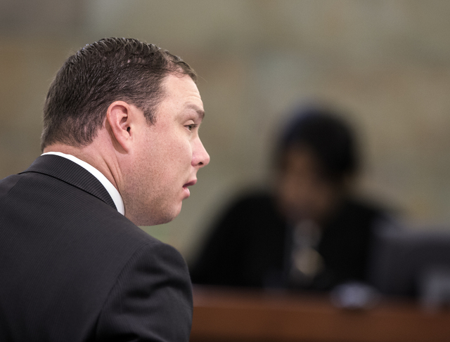 Defense attorney Adam Gill speaks on behalf of  London Lacy, a former football player at the University of California, Davis  at Las Vegas Justice Court on Friday, Aug. 5, 2016. Lacy is charged in ...