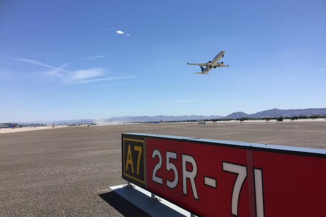 An airliner takes off from Runway 25R-7L at McCarran International Airport on Friday, April 22, 2016. (Courtesy Clark County Department of Aviation)