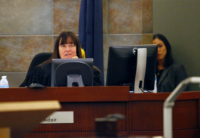 District Judge Valerie Adair listens to arguments regarding filming by MY Entertainment’s “Las Vegas Law” television show during the trial of Michael Solid on Thursday, Aug. 18, 2016. (Micha ...