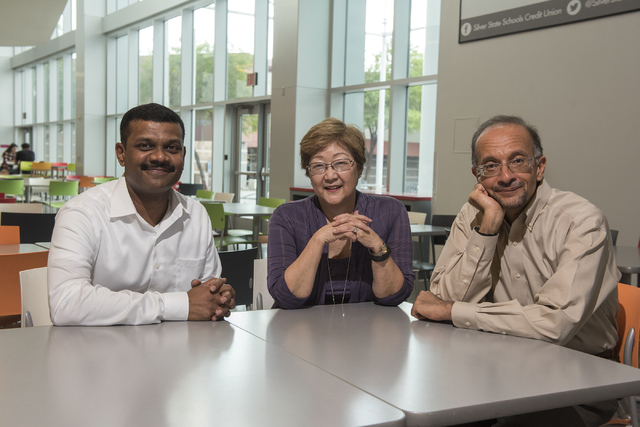 UNLV Engineering and Nursing researchers, from left, Venkatesan Muthukumar, Jillian Inouye and Mohamed Trabia pose at the Student Union at UNLV in Las Vegas on Friday, Aug. 5, 2016. The researcher ...