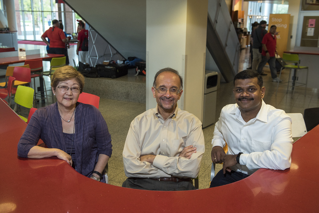 UNLV Engineering and Nursing researchers from left, Jillian Inouye, Mohamed Trabia, and Venkatesan Muthukumar pose at the Student Union at UNLV in Las Vegas on Friday, Aug. 5, 2016. The researcher ...