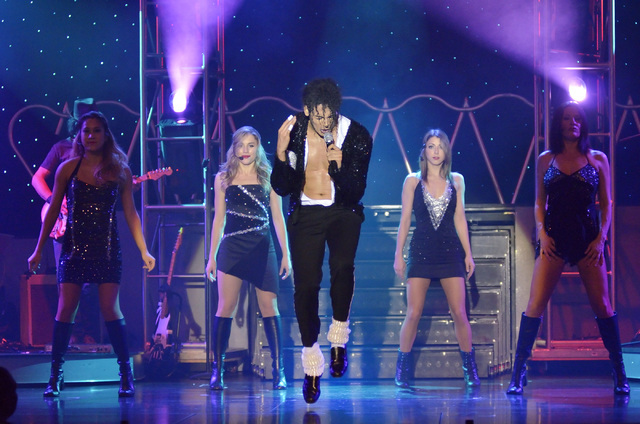 Jalles Franca, center, performs as Michael Jackson with, from left, Brianne Verzosa, Giovanna Andolina, Amy Wuyscik and Darlene Ryan during "MJ Live" in the showroom at the Stratosphere at 2000 La ...