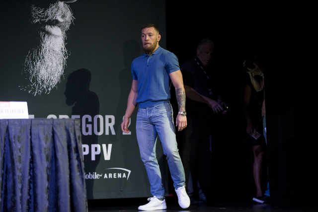 Conor McGregor arrives late to the UFC 202 press conference at the MGM Grand hotel-casino on Wednesday, Aug. 17, 2016, in Las Vegas. Erik Verduzco/Las Vegas Review-Journal Follow @Erik_Verduzco