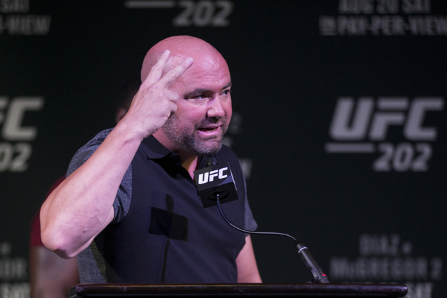 Dana White, president for UFC, ends the UFC 202 press conference early after Nate Diaz, his upcoming opponent Conor McGregor and their teams got into an altercation at the MGM Grand hotel-casino o ...