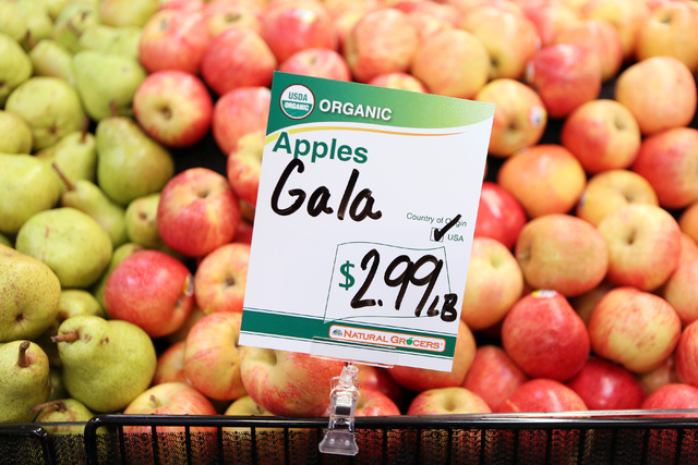 Organic Gala apples are shown for sale on the opening day of Natural Grocers at 6305 Simmons St. in North Las Vegas on Tuesday, Aug. 9, 2016. The Colorado-based grocery chain also opened a store a ...