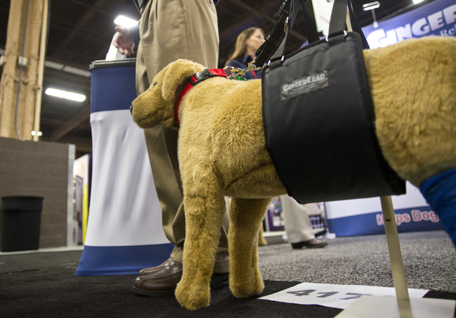 A Ginger Lead assistive device for dogs with weak hind legs sits on display during the SuperZoo Trade Show at the Mandalay Bay Convention Center on the Las Vegas Strip on Tuesday, Aug. 2, 2016. (D ...