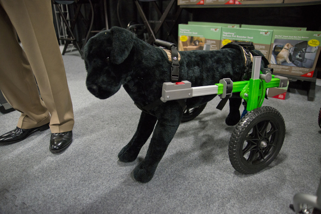 A prototype wheelchair designed for dogs sits on display during the SuperZoo Trade Show at the Mandalay Bay Convention Center on the Las Vegas Strip on Tuesday, Aug. 2, 2016. (Daniel Clark/Las Veg ...