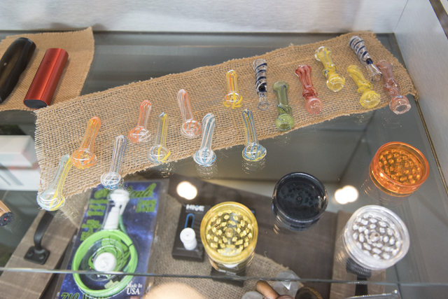 Smoking accessories are displayed at Las Vegas ReLeaf during a walking tour of various medical marijuana dispensaries in Las Vegas' &quot;Green District&quot; Wednesday, April 20, 2016. Th ...