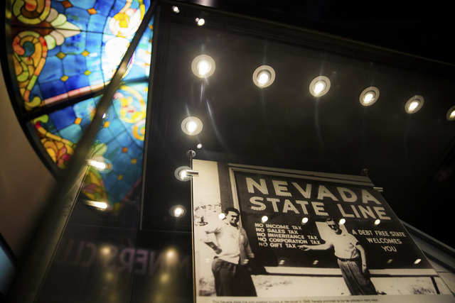 Nevada touts its claims to  fame -- including no state income tax -- in a historical photo featured at the Nevada State Museum, Las Vegas. (Benjamin Hager/Las Vegas Review-Journal)