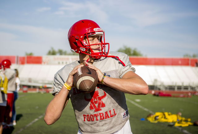 Arbor View High School quarterback Hayden Bollinger prepares to pass the ball during football practice at the school Tuesday, Aug. 23, 2016, in Las Vegas. Elizabeth Page Brumley/Las Vegas Review-J ...
