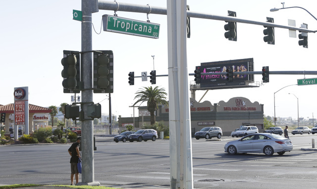 A woman was shot in the leg after an altercation at the Rebel gas station at Tropicana Avenue and Koval Lane, near the MGM Grand, on Monday night, Aug. 9, 2016. (Bizuayehu Tesfaye/Las Vegas Review ...