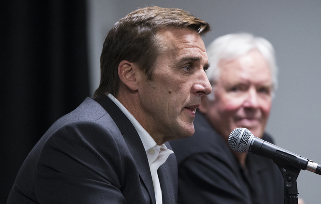 George McPhee, the new general manager of Las Vegas’ NHL expansion team, answers questions at a press conference at T-Mobile Arena on Wednesday, July 13, 2016, in Las Vegas. (Benjamin Hager/Las ...