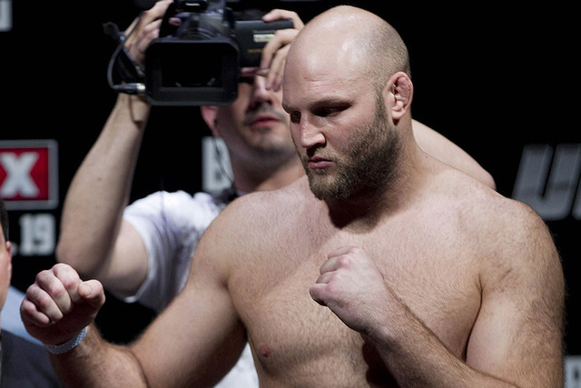 Ben Rothwell gestures during the weigh-in ahead of the Ultimate Fighting Championship, UFC, in Sao Paulo, Brazil, Friday, Jan. 18, 2013. (Andre Penner/AP)