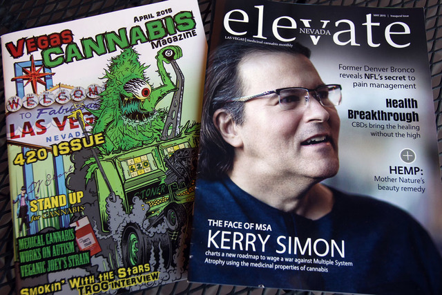 Vegas Cannabis Magazine, left, and Elevate magazine are shown Tuesday, April 21, 2015. Elevate, a new monthly magazine, hopes to help remove the stigma and make people take medical marijuana more  ...