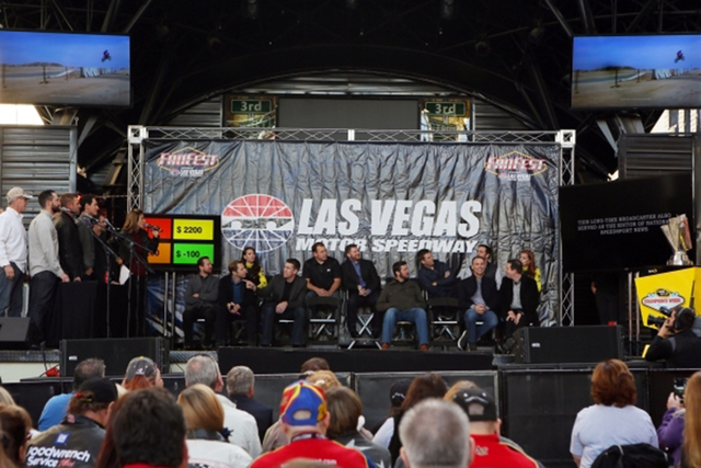 NASCAR drivers and a few lucky fans participate in a game during a NASCAR FanFest event at Fremont Street Experience Wednesday, Dec. 2, 2015, in Las Vegas. (Ronda Churchill/Las Vegas Review-Journal)