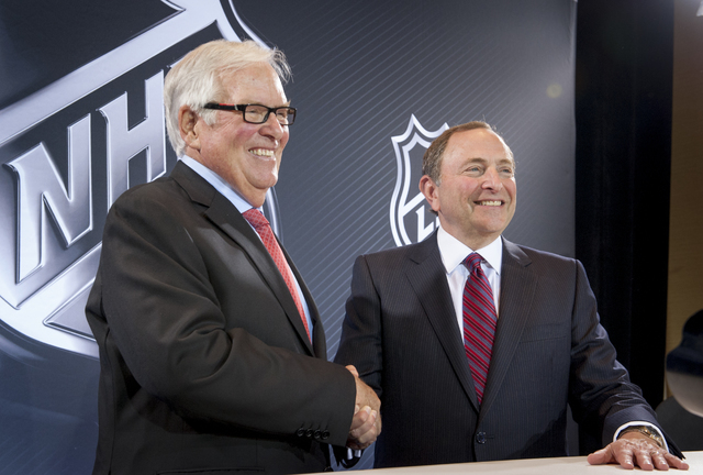 New Las Vegas National Hockey League (NHL) team owner Bill Foley, left, and NHL Commissioner Gary Bettman announce the league's expansion to Las Vegas in a news conference held at the Encore at Wy ...