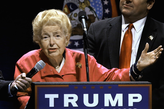 Longtime conservative activist Phyllis Schlafly endorses Republican presidential candidate Donald Trump at a campaign rally in St. Louis, March 11, 2016. (Seth Perlman/AP)