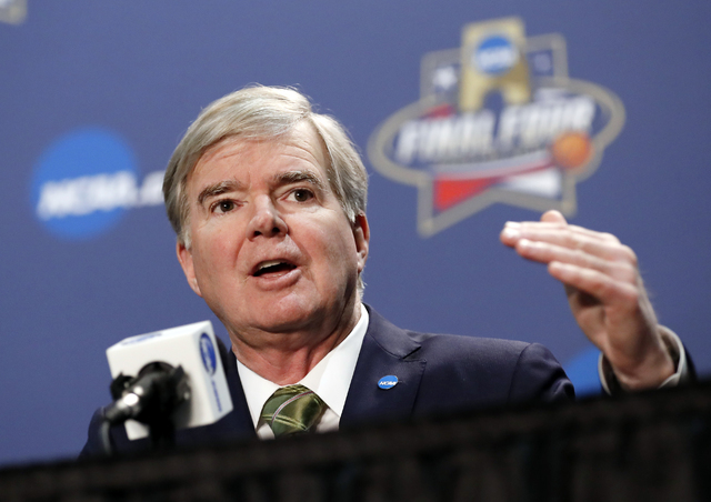 In this March 31, 2016, file photo, NCAA President Mark Emmert answers questions during a news conference at the men's NCAA Final Four of the NCAA college basketball tournament in Houston. (AP Pho ...
