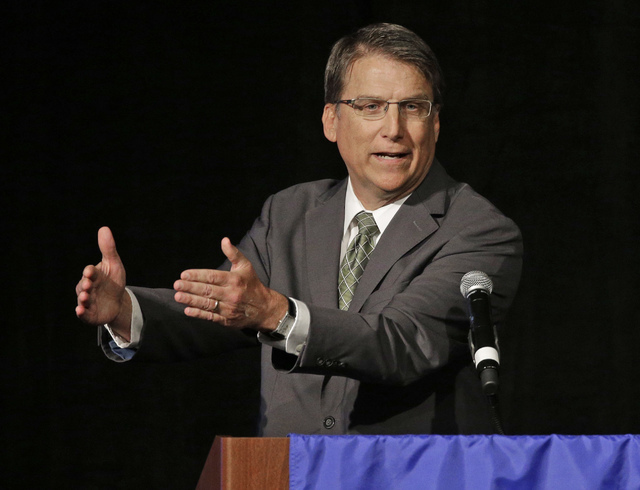 In this June 24, 2016 file photo, North Carolina Gov. Pat McCrory speaks during a candidate forum in Charlotte, N.C. NCAA President Mark Emmert says it's up to the Atlantic Coast Conference and it ...