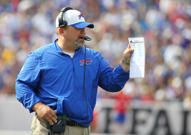 In this Aug. 29, 2015 file photo, Buffalo Bills offensive coordinator Greg Roman calls plays against the Pittsburgh Steelers during the first half of a preseason NFL football game, in Orchard Park ...