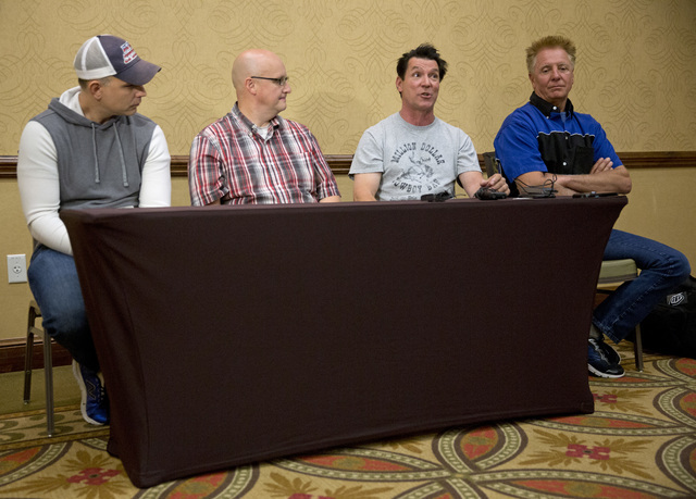 Stuntman Eddie Braun, center right, answers questions during a news conference, Wednesday, Sept. 14, 2016, in Twin Falls, Idaho, about his upcoming attempt to jump the Snake River Canyon in a stea ...