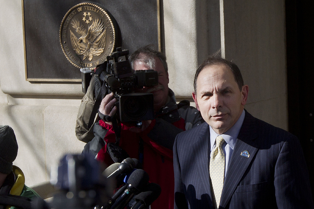 In this Feb. 24, 2015 file photo, Veteran Affairs Secretary Robert McDonald speaks to reporters outside VA Headquarters in Washington. (AP Photo/Pablo Martinez Monsivais, File)