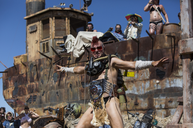 Steve Scholz competes in the post-apocalyptic swimsuit contest during the seventh annual Wasteland Weekend on Saturday, Sept. 24, 2016, in California City, Calif. The four day, post-apocalyptic fe ...