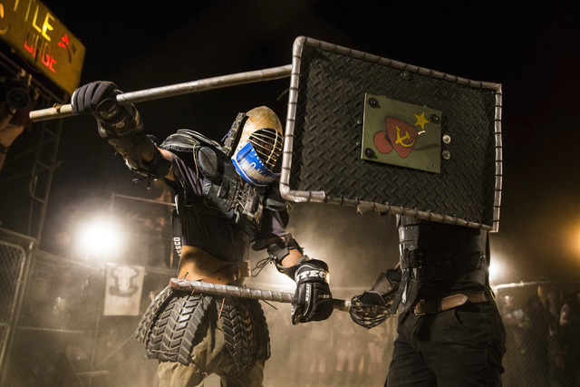 Wasteland gladiators battle during the seventh annual Wasteland Weekend on Friday, Sept. 23, 2016, in California City, Calif. The four day, post-apocalyptic festival takes place in the Mojave dese ...