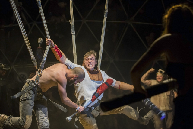 Festival goers battle in a replica of the thunderdome during the seventh annual Wasteland Weekend on Friday, Sept. 23, 2016, in California City, Calif. The four day, post-apocalyptic festival take ...