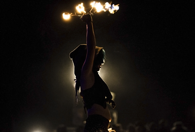Fire dancers from Burning Sensation perform during the seventh annual Wasteland Weekend on Friday, Sept. 23, 2016, in California City, Calif. The four day, post-apocalyptic festival takes place in ...