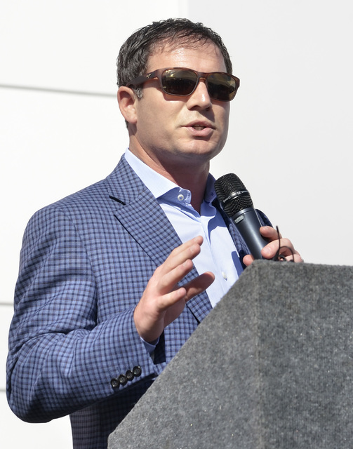 Geoff Freeman, president and CEO of the American Gaming Association, speaks during grand opening ceremonies for the new North American headquarters of Ainsworth Game Technology at 5800 Rafael Rive ...