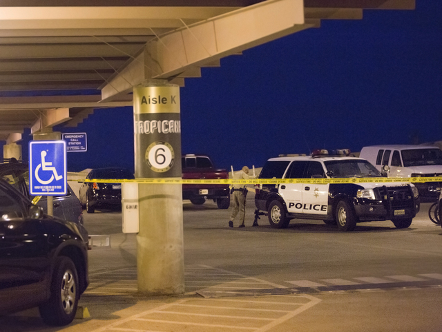 Las Vegas Metro investigates a domestic incident that left two people shot in the parking garage at McCarran International Airport on Monday, Sept. 19, 2016, in Las Vegas. Benjamin Hager/Las Vegas ...