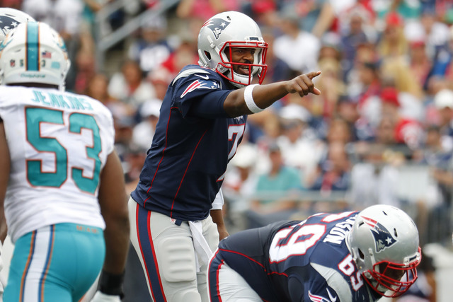 New England Patriots quarterback Jacoby Brissett against the Miami Dolphins during a NFL football game at Gillette Stadium in Foxborough, Mass. Sunday, Sept. 18, 2016. (Winslow Townson/AP Images f ...