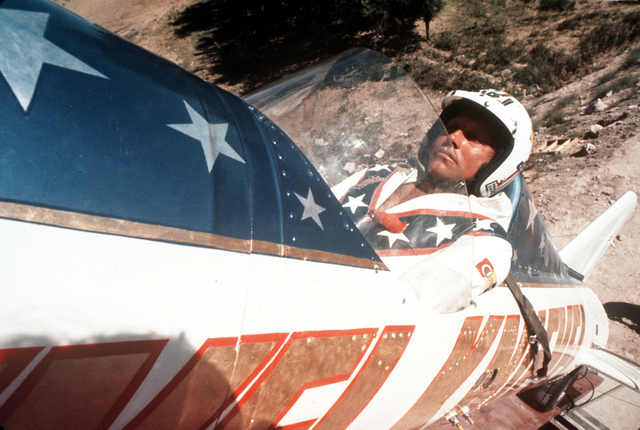 FILE - In this Sept. 8, 1974, file photo, shows stuntman Evel Knievel's Snake River Canyon Jump in Idaho. The granddaddy of all silly stunts. After years of jumping motorcycles over buses, trucks ...