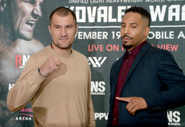 Sergey Kovalev (L) and Andre Ward (R) face off during the press conference for the Kovalev v Ward Pound for Pound bout at Le Parker Meridien on September 6, 2016 in New York City, NY, USA. Photo b ...