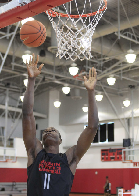 UNLV's Cheickna Dembele (11) goes for a rebound during team practice at the Mendenhall Center at UNLV in Las Vegas on Monday, Aug. 8, 2016. (Richard Brian/Las Vegas Review-Journal) Follow @vegasph ...