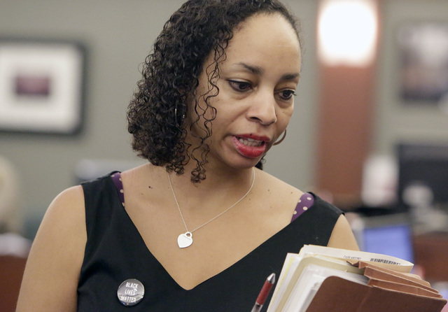 Erika Ballou, a deputy public defender in Clark County, wears a Black Lives Matter button inside a courtroom Thursday, Sept. 22, 2016, at the Regional Justice Center in Las Vegas. Bizuayehu Tesfa ...