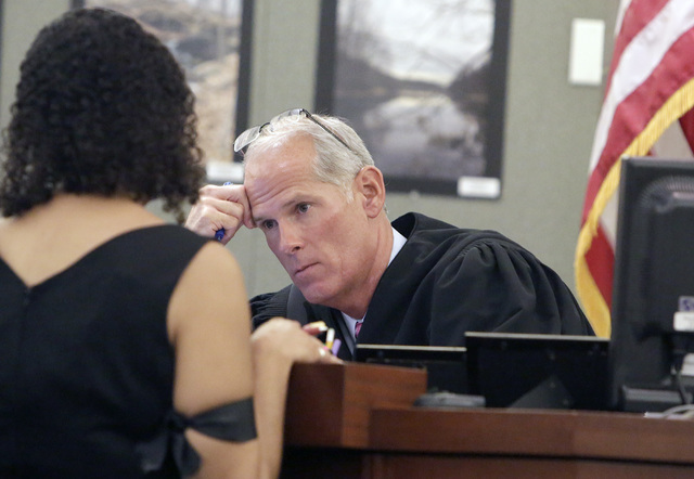 District Judge Douglas Herndon listens to Erika Ballou, a deputy public defender in Clark County, Thursday, Sept. 22, 2016, at the Regional Justice Center in Las Vegas. Bizuayehu Tesfaye/Las Vegas ...