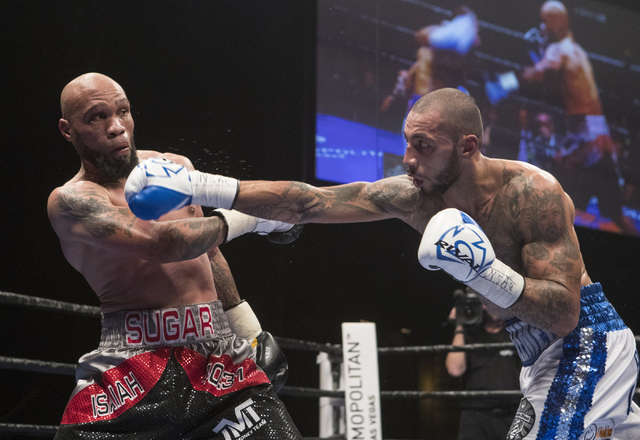 Frank Galarza lands a punch against Ishe Smith during the boxing match at the Cosmopolitan hotel-casino in Las Vegas on Friday, Sept. 16, 2016. (Loren Townsley/Las Vegas Review-Journal) Follow @lo ...