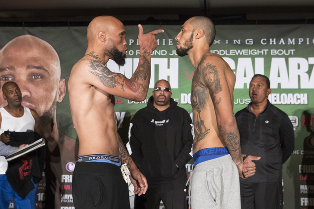 Ishe Smith, left and Frank Galarza have a heated exchange during weigh-ins at the Cosmopolitan hotel-casino on Thursday, Sept. 15, 2016 in Las Vegas. Loren Townsley/Las Vegas Review-Journal Follow ...