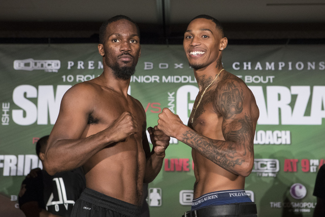 Dominique Dolton, left, and Justin Deloach pose during weigh-ins at the Cosmopolitan hotel-casino on Thursday, Sept. 15, 2016 in Las Vegas. Loren Townsley/Las Vegas Review-Journal Follow @lorentow ...