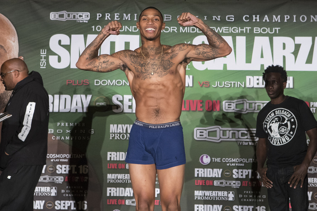 Justin Deloach steps on the scale during weigh-ins at the Cosmopolitan hotel-casino on Thursday, Sept. 15, 2016 in Las Vegas. Loren Townsley/Las Vegas Review-Journal Follow @lorentownsley