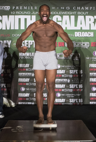 Lionell Thompson steps on the scale during weigh-ins at the Cosmopolitan hotel-casino on Thursday, Sept. 15, 2016 in Las Vegas. Loren Townsley/Las Vegas Review-Journal Follow @lorentownsley