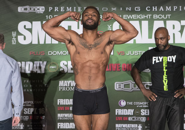 Dashon Johnson steps on the scale during weigh-ins at the Cosmopolitan hotel-casino on Thursday, Sept. 15, 2016 in Las Vegas. Loren Townsley/Las Vegas Review-Journal Follow @lorentownsley