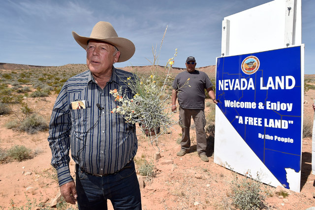 Rancher Cliven Bundy displays a bouquet of desert foliage that his cattle grazes on during a news conference at an event near his ranch in Bunkerville on Saturday, April 11, 2015.  (David Becker/L ...