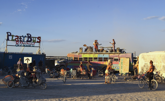 Platybus & The Band perform on top of a bus during Burning Man at the Black Rock Desert north of Reno on Wednesday, Aug. 31, 2016. Chase Stevens/Las Vegas Review-Journal Follow @csstevensphoto