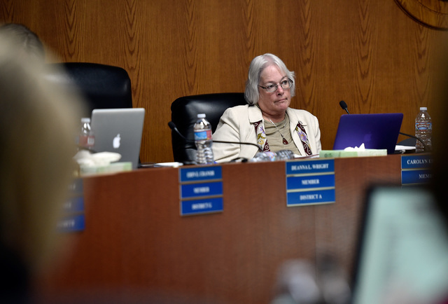 Carolyn Edwards, Clark County School Board member listens to a speaker during a school board meeting at the Clark County School Board Thursday, Sept. 8, 2016, in Las Vegas. (David Becker/Las Vegas ...